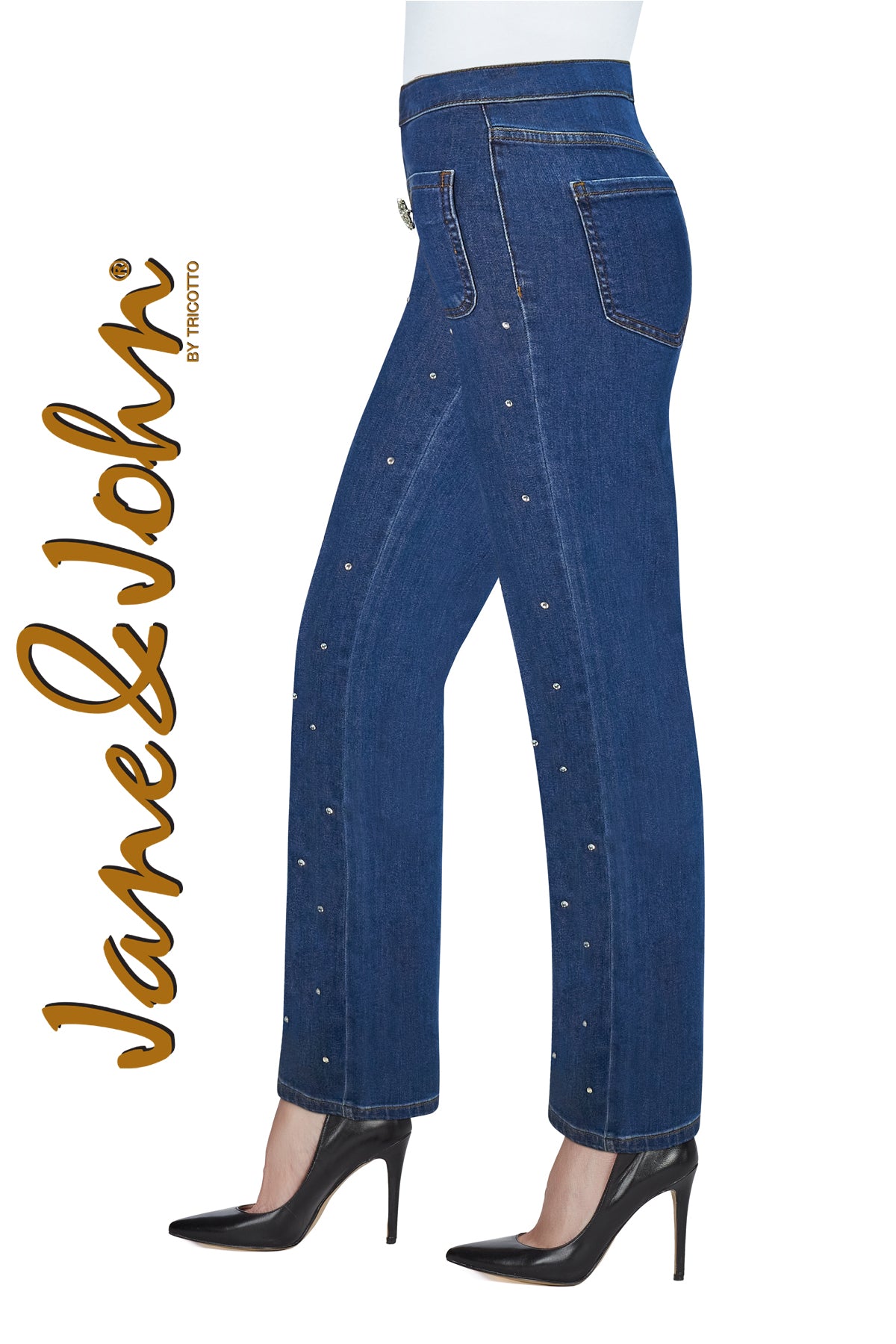 Jane & John Wide leg 4 pocket blue jeans with front crystal stone detail