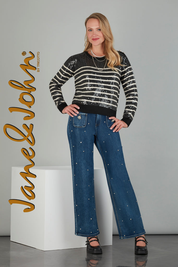 Jane & John black off white sequin sweater in shorter crop length. Shown with Jeans J-416-F24