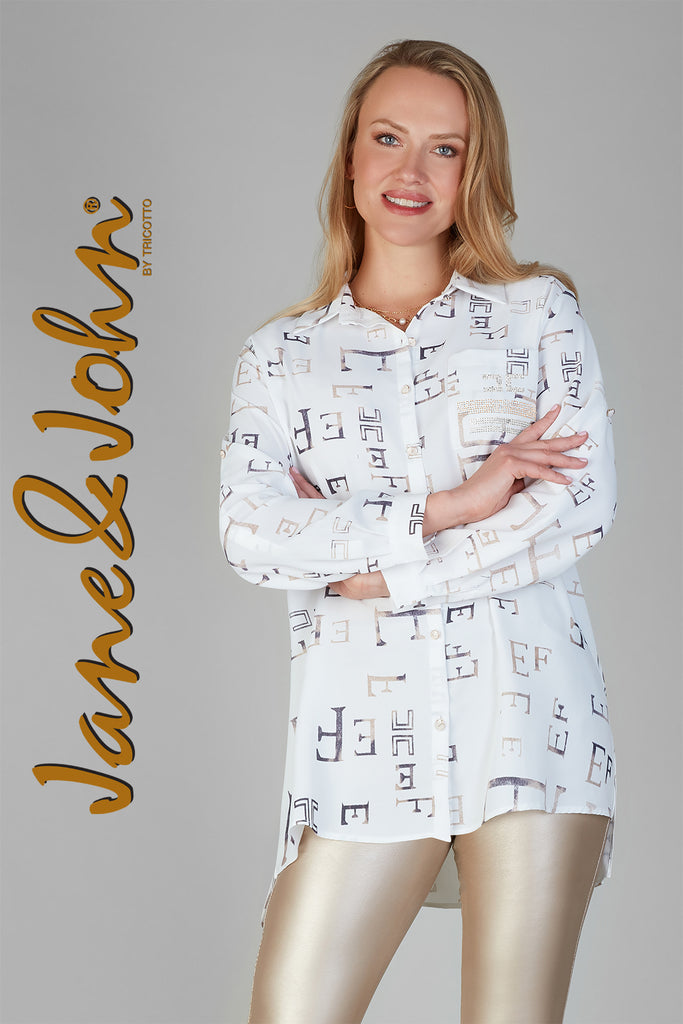 Ĵane & John Tunic Blouse with sequin print detail in white gold