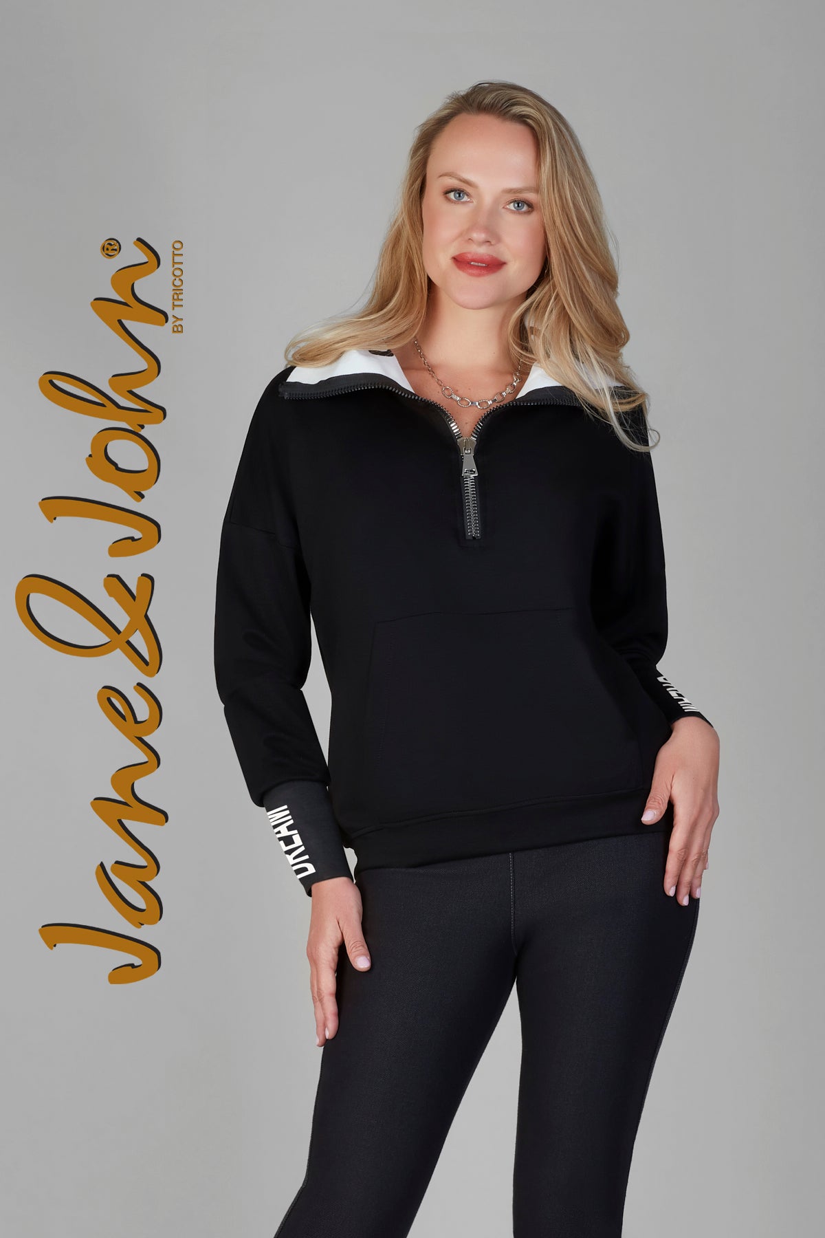 Tricotto Black sweater with zipper front and white fashion print detail 