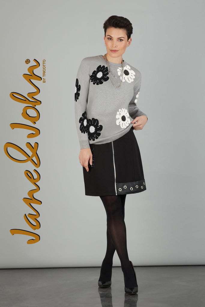 Jane & John Grey-black floral cropped length sweater