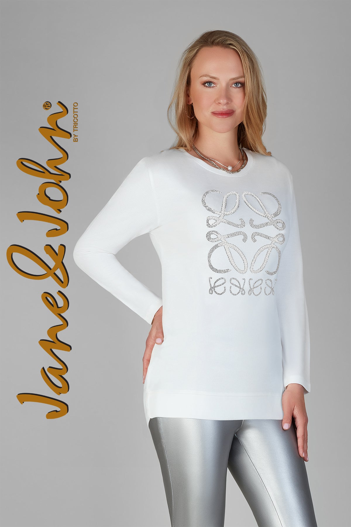 Jane & John Winter white white tunic sweater with front & back sequin detail