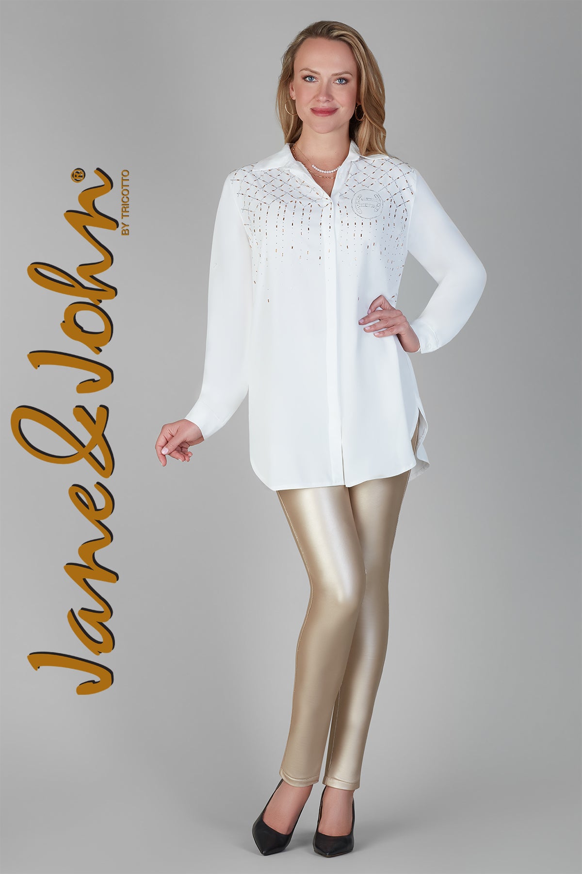 Jane & John Off white blouse with front and back gold sequin detail