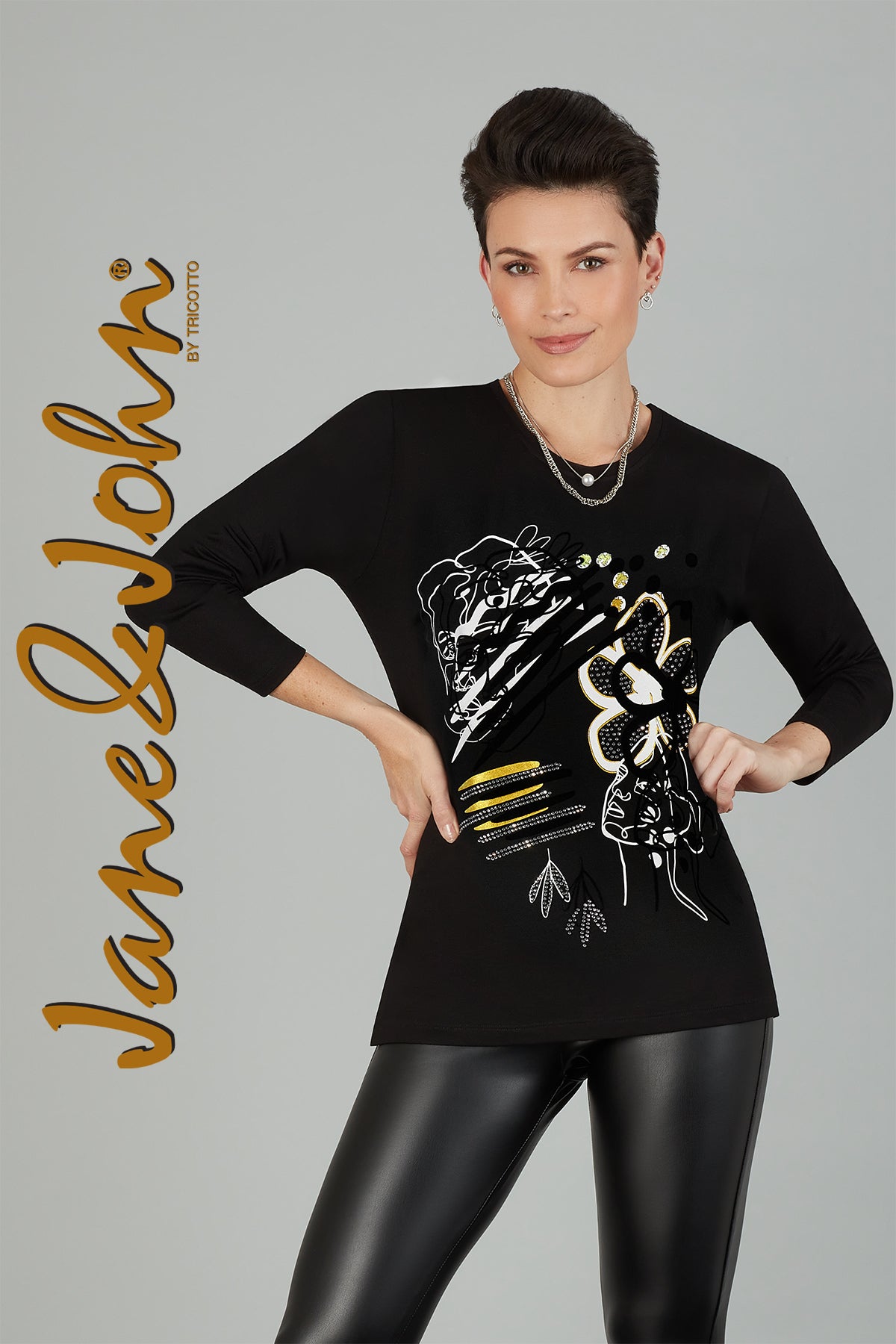 Jane & John Black T-shirt with gold sequin print detail on front