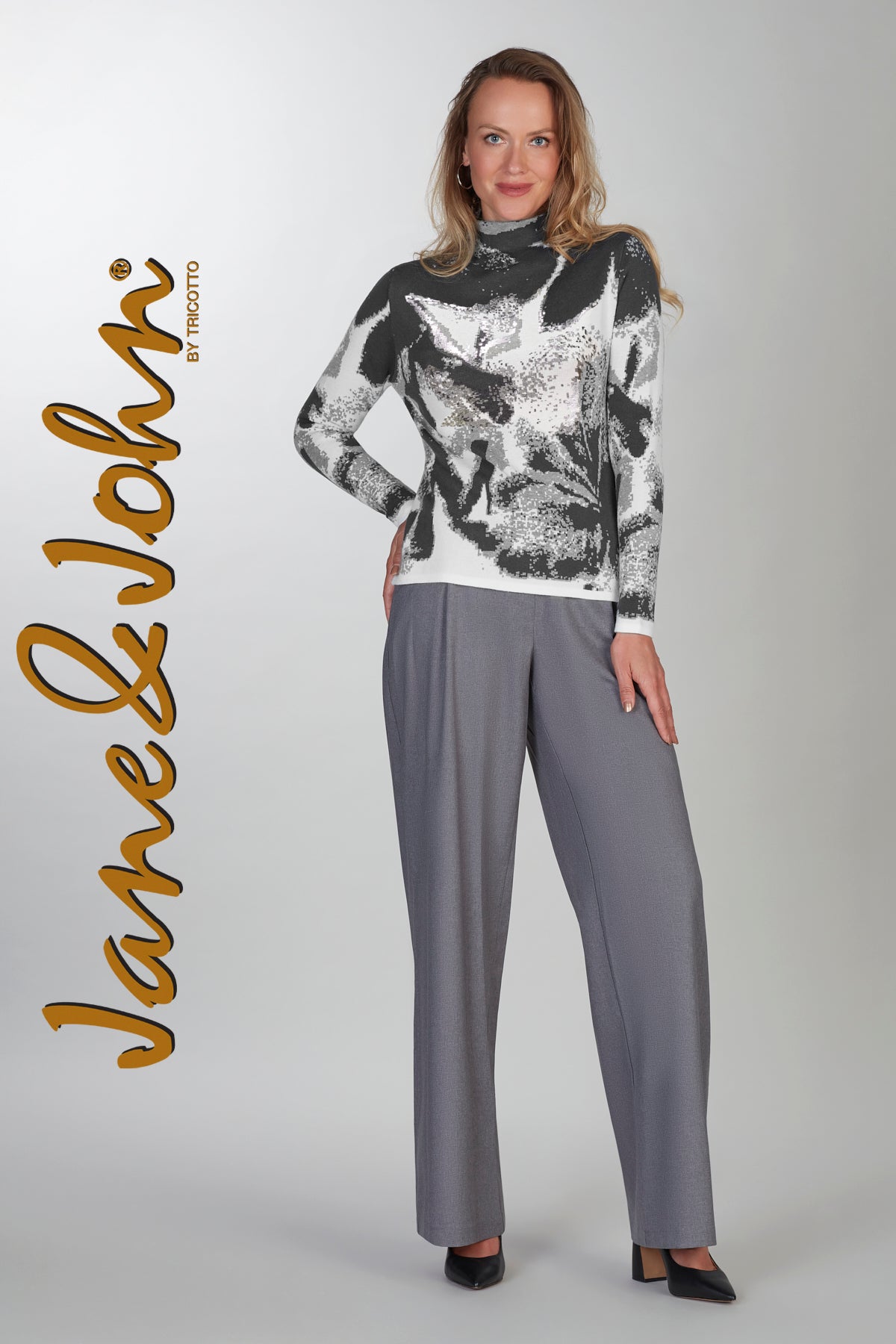 Grey pinstripe wide leg dress pant
