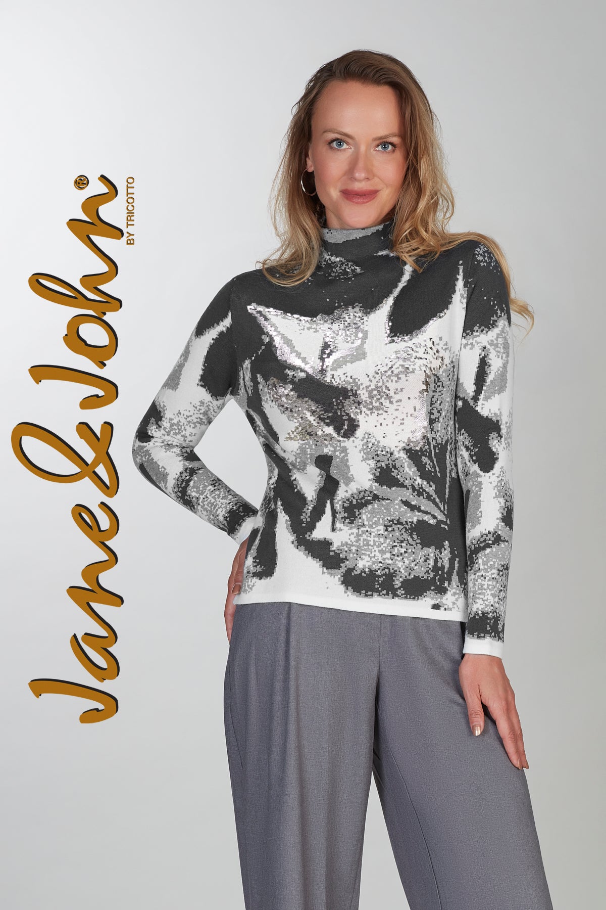 Grey mix mock neck sweater with silver accent detail