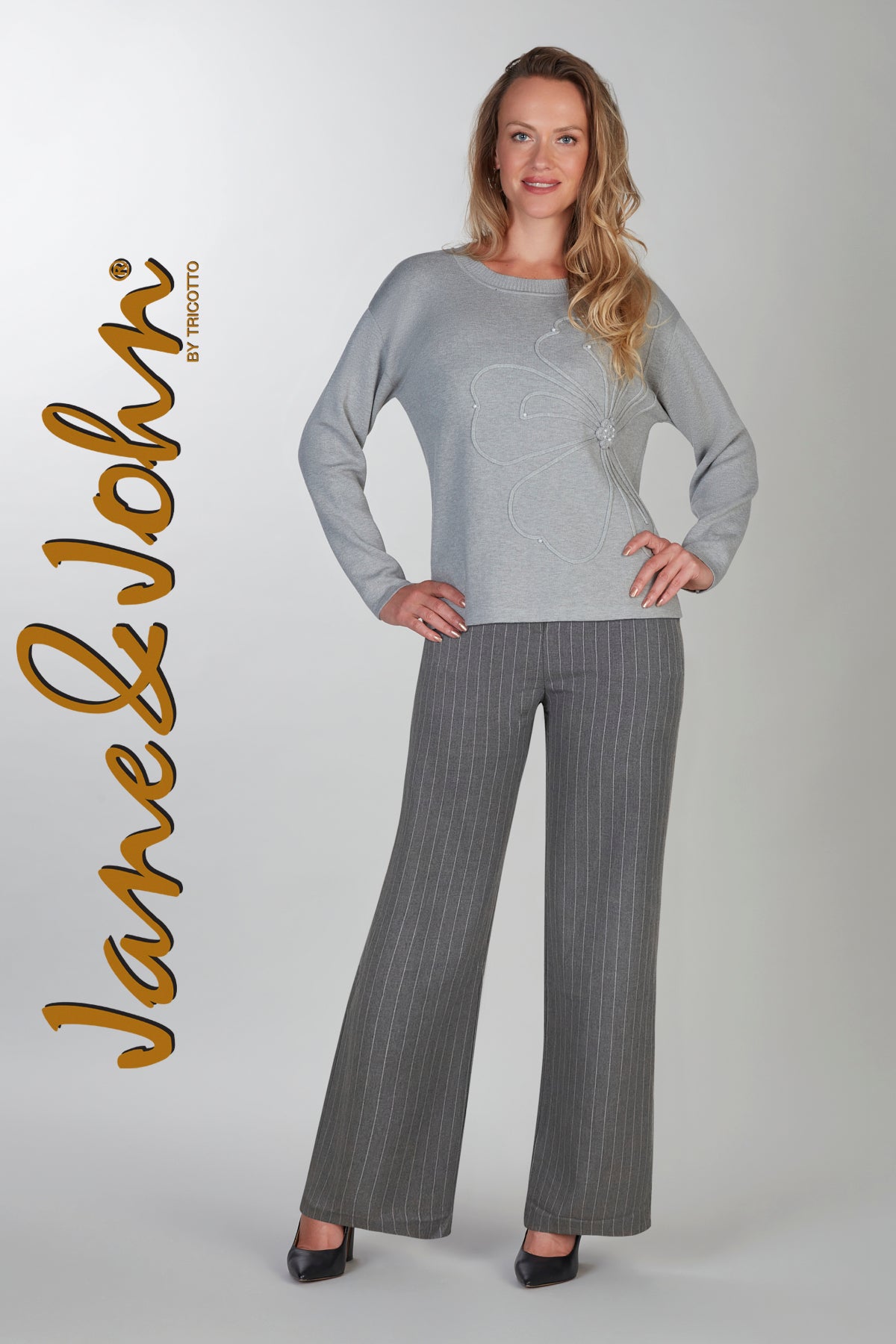 Grey pinstripe wide leg dress pant