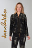 Textured knit bomber relaxed jacket with zip front and pockets. Gold print on front only, back is solid black.