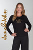Woman wearing a black long-sleeve top with a decorative flower design on a gray background, featuring the brand 'Jane & John'.