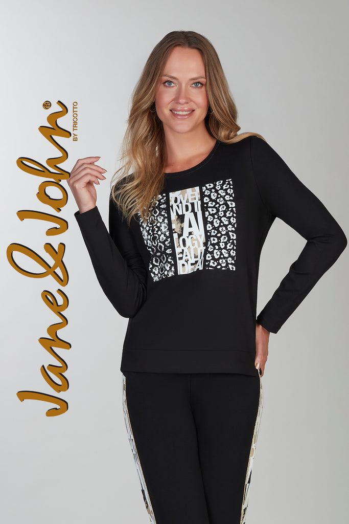Woman wearing a black long-sleeve top with white text and leopard print, standing against a plain background. The brand 'Jane & John' is visible.