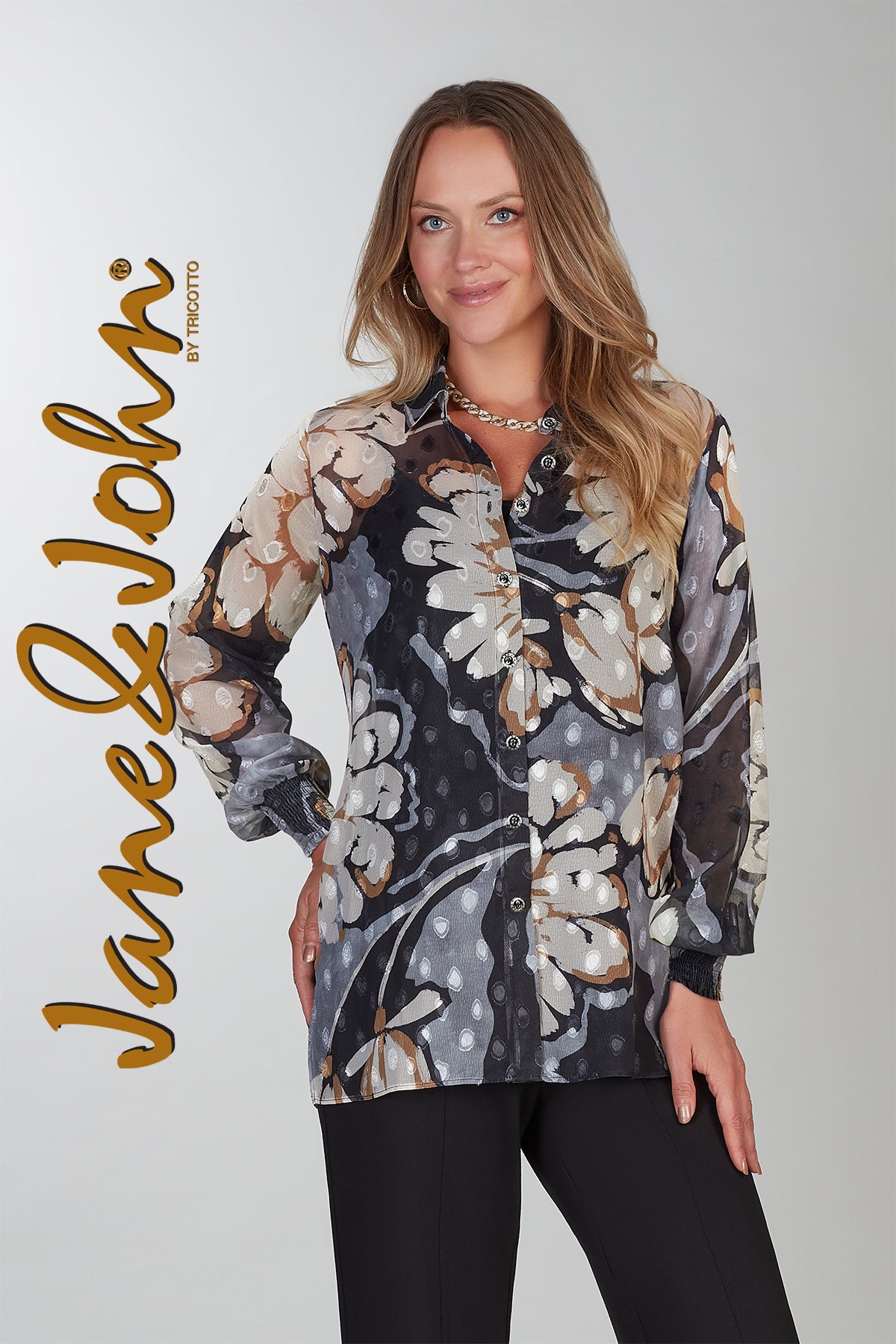 Jane & John Black Grey tunic blouse 