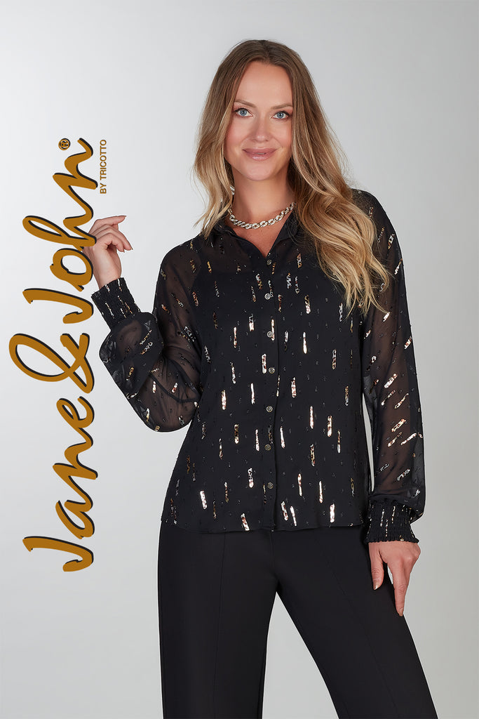 Woman wearing a black patterned blouse with 'Jane & John' branding on a white background