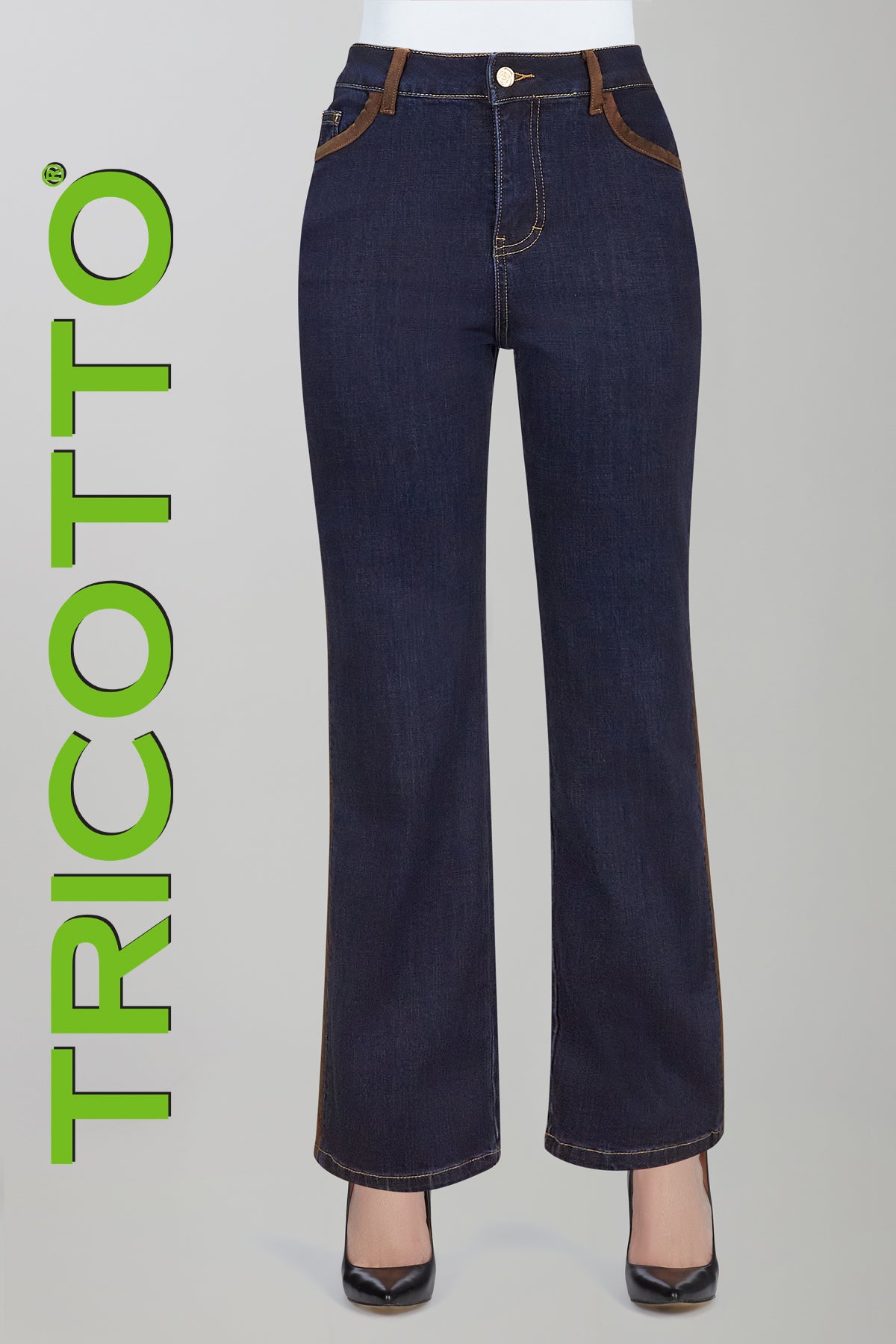 Denim blue jeans with brown side and trim detail