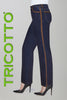 Denim blue jeans with brown side and trim detail