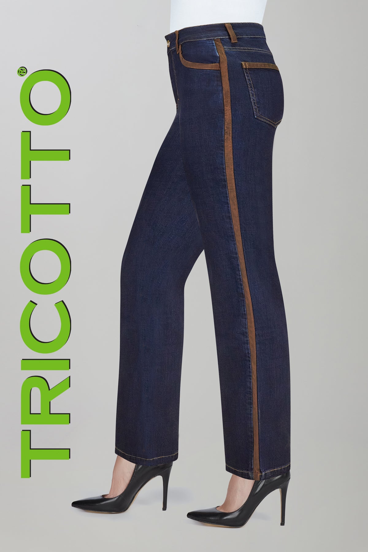 Denim blue jeans with brown side and trim detail