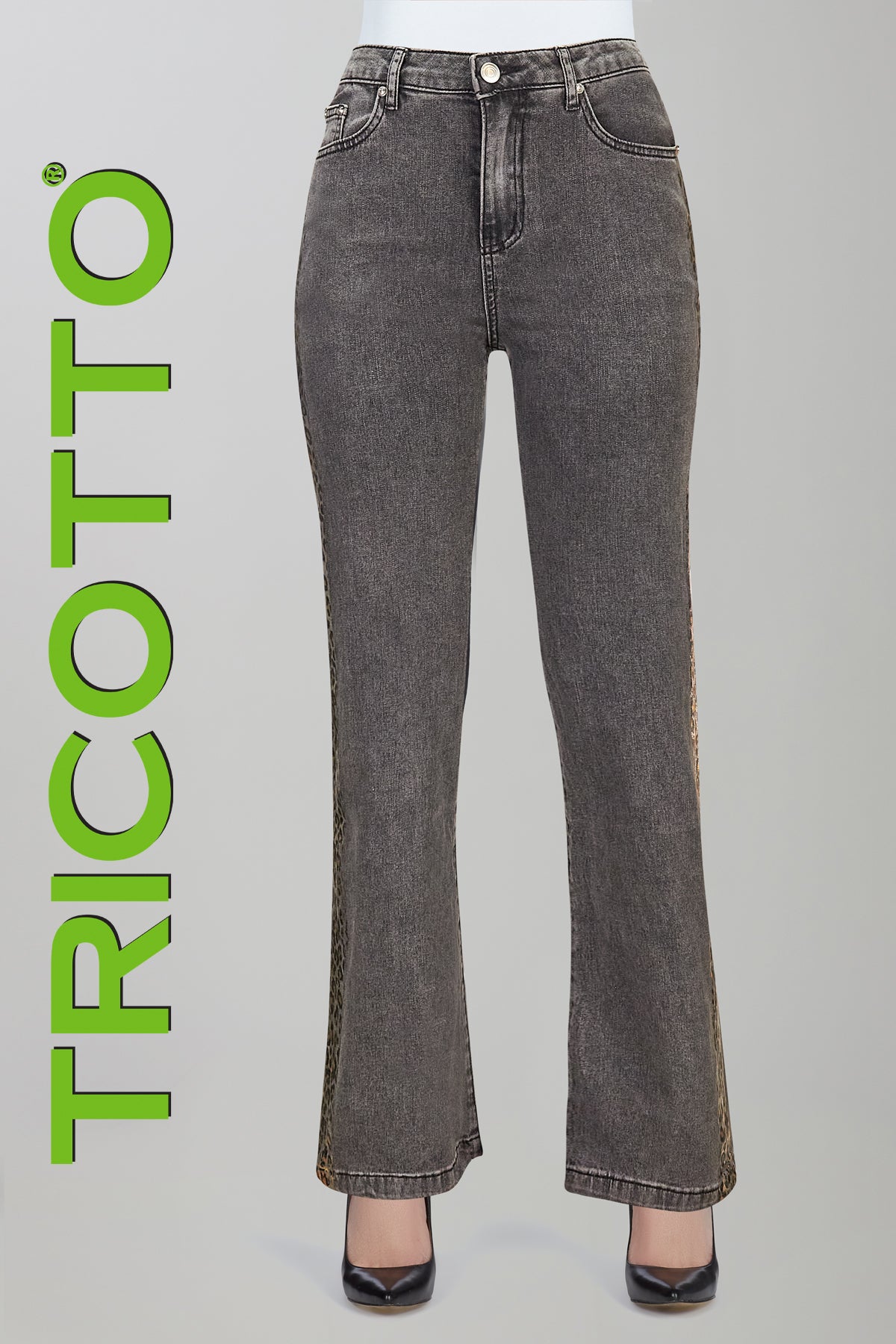 Grey jeans with side shimmer print detail in wide leg