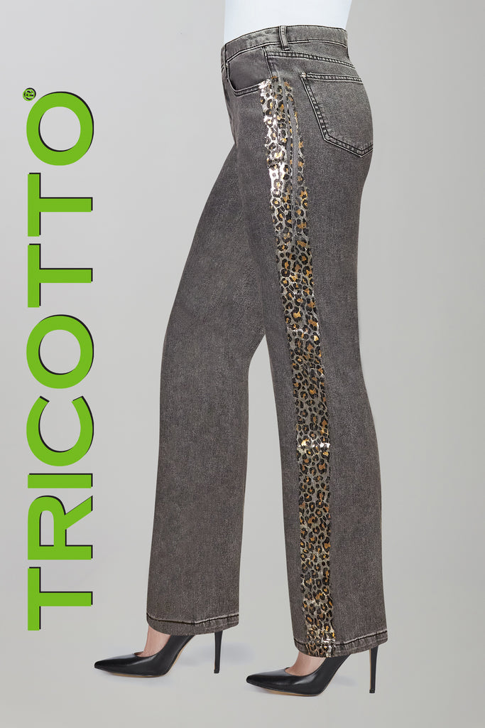 Grey jeans with side shimmer print detail in wide leg