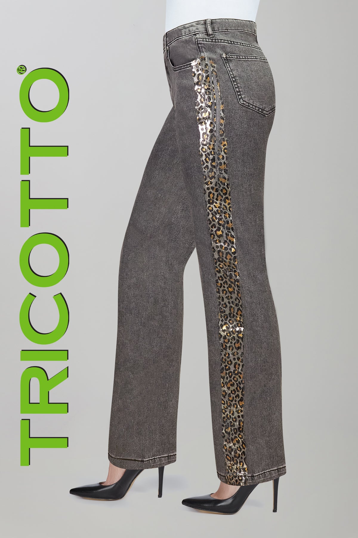Grey jeans with side shimmer print detail in wide leg