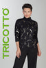 Black mock neck sweater with gold accent print detail on front & back