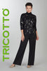 Black mock neck sweater with gold accent print detail on front & back