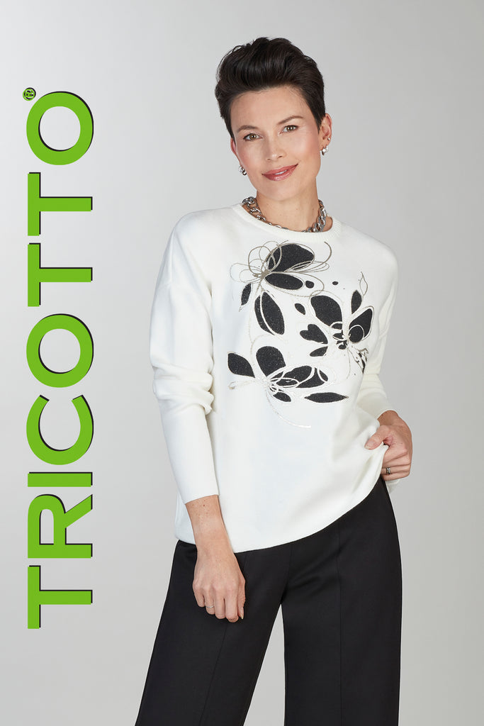 Tricotto off white sweater with front black gold accent print