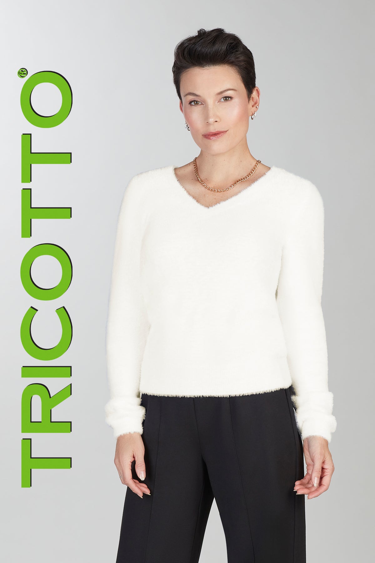 White textured eyelash knit sweater with v neck