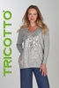 Grey tunic length sweater with front sequin and gold accent details
