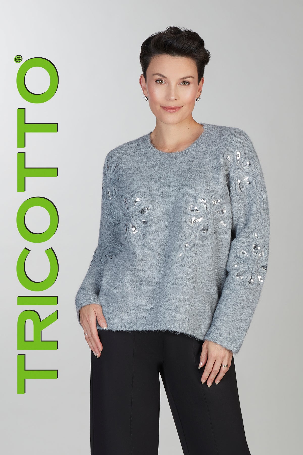 Grey eyelash knit sweater with front sequin detail