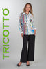 Tricotto white pink blue blouse with front sequin fashionista print