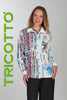 Tricotto white pink blue blouse with front sequin fashionista print
