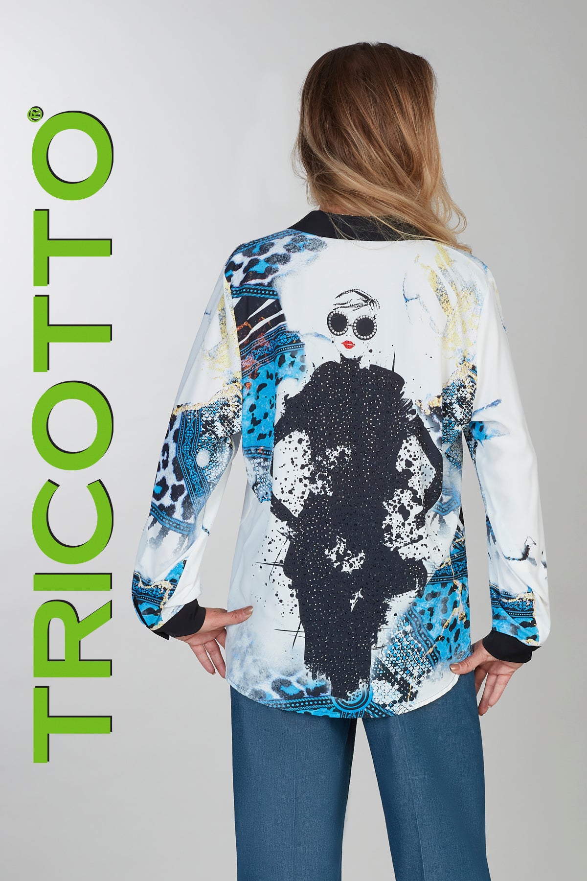 Blue black high fashion blouse with sequin accent on front and back