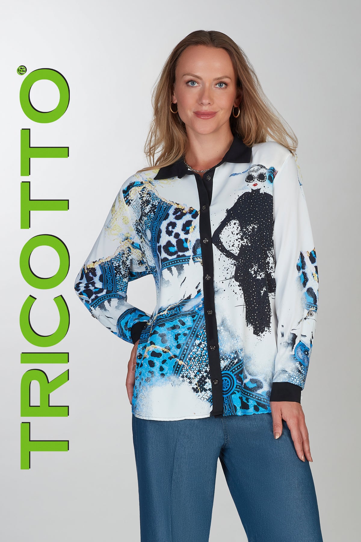 Blue black high fashion blouse with sequin accent on front and back