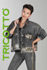 Grey jean jacket with leopard print detail