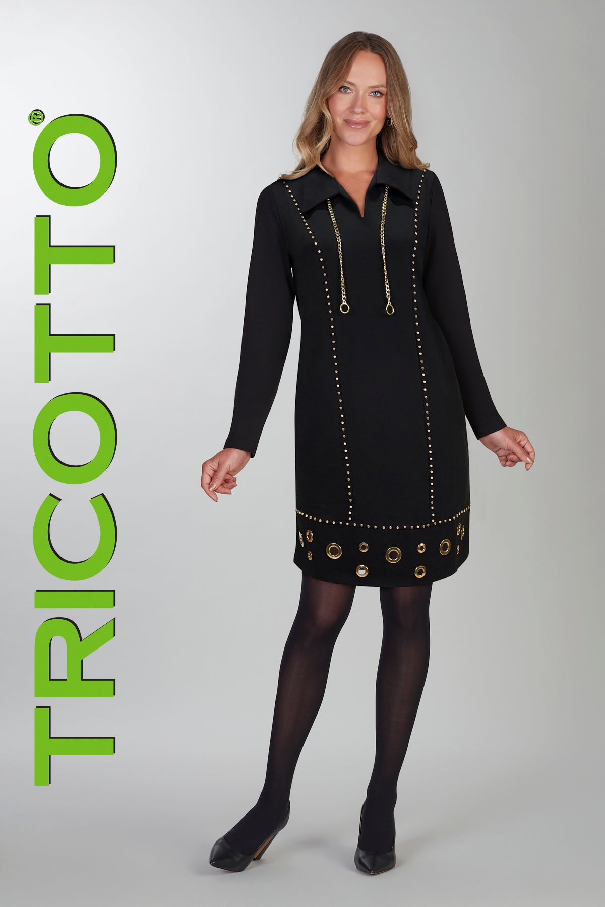 Tricotto black dress with front gold studded detail