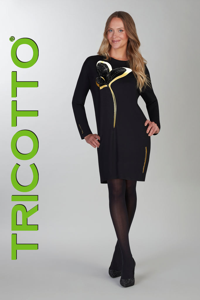Tricotto black gold textured knit dress with front sequin print detail