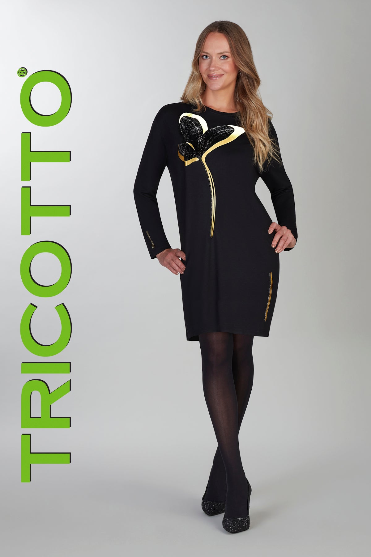 Tricotto black gold textured knit dress with front sequin print detail