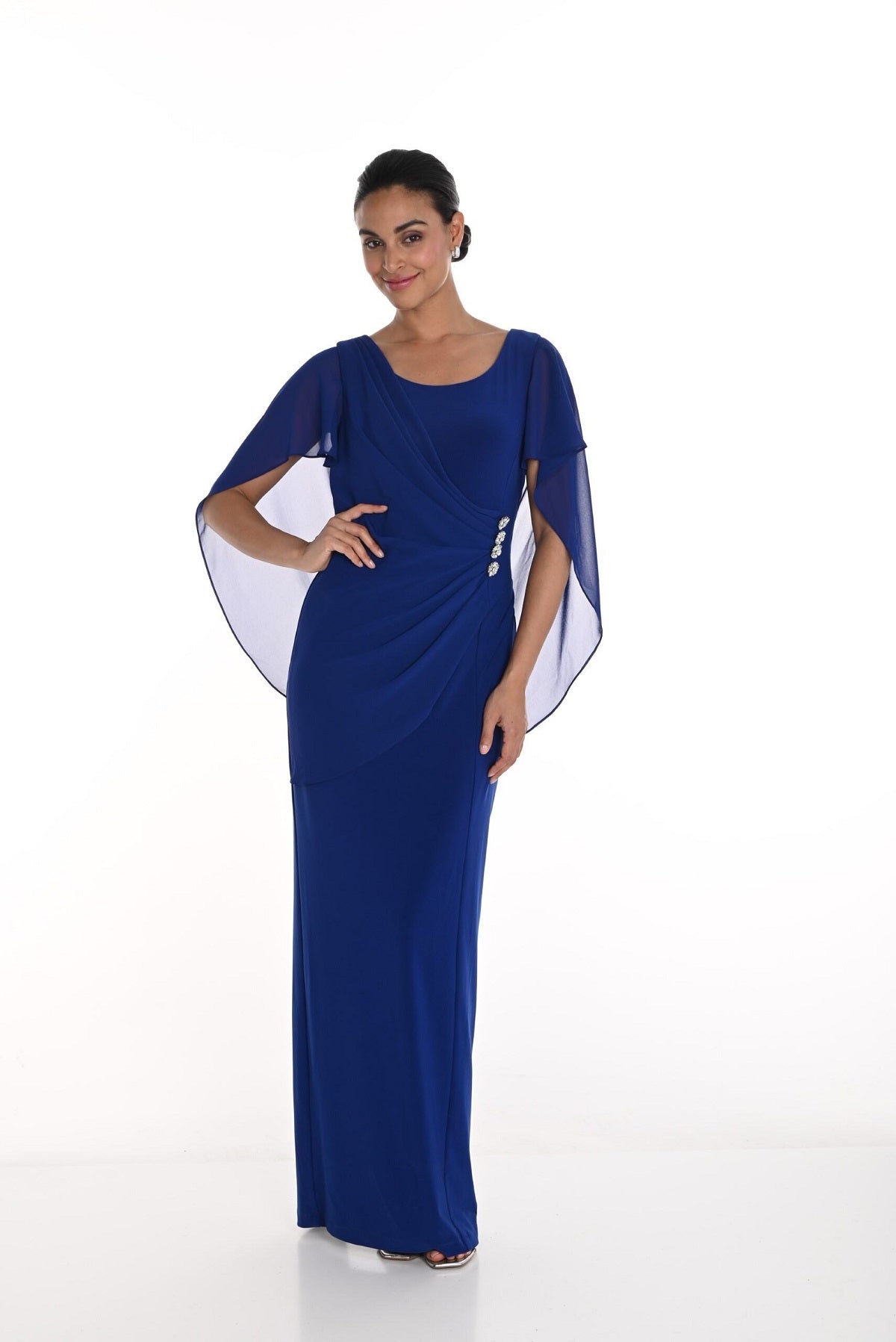 Frank Lyman Montreal Imperial blue evening gown with side crystal button detail and flattering attached back overlay