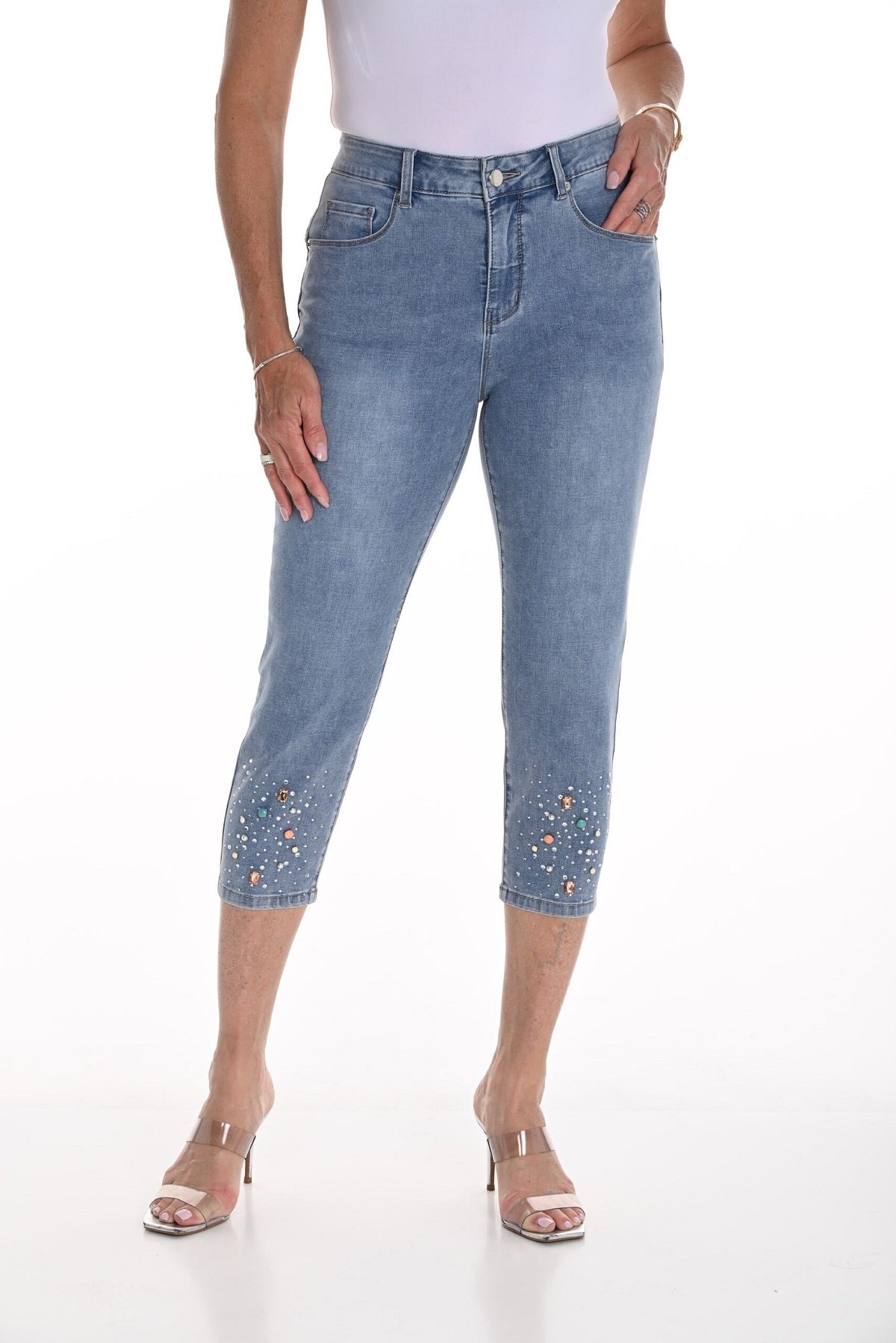 Frank Lyman high rise Crop 5 pocket jeans with sequin hem detail