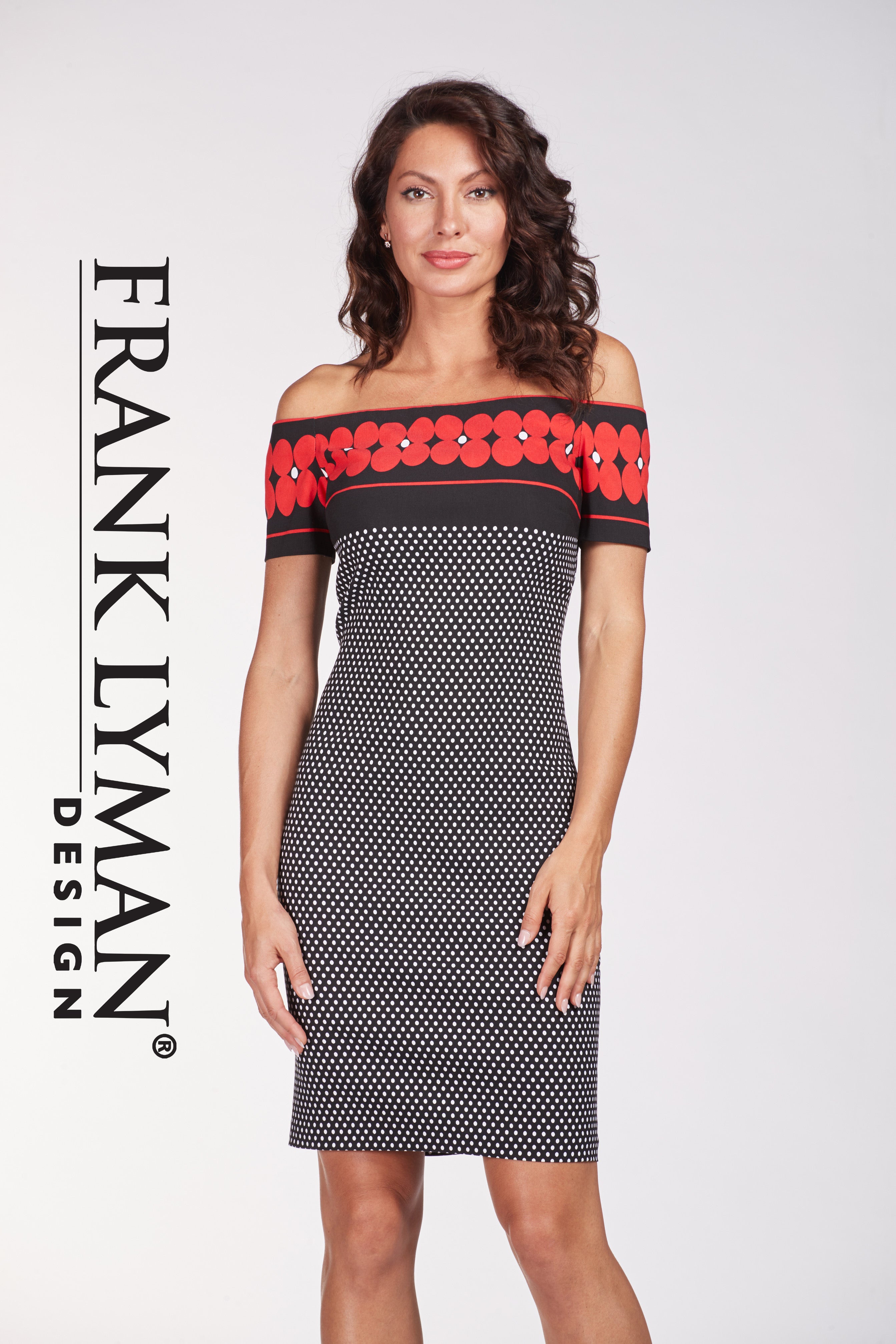Frank Lyman Montreal Off The Shoulder Dress in Black-White Red